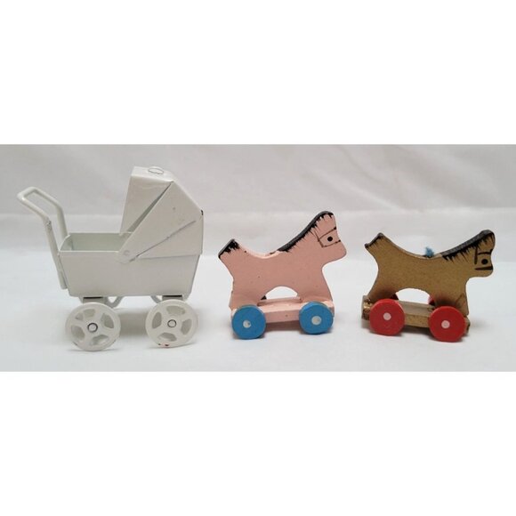 Vintage Lot of 3 Miniature Dollhouse Baby Carriage and Wood Toy Horses - Picture 5 of 8